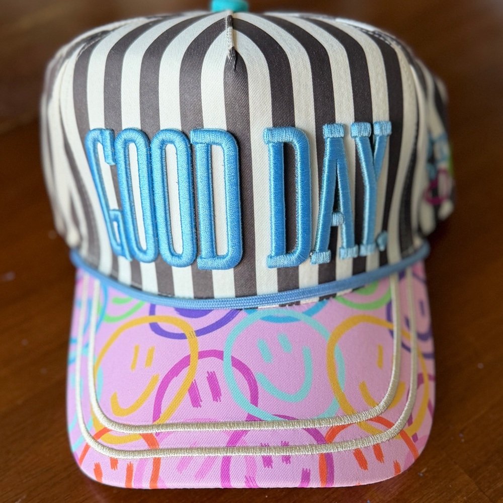 GOOD DAY Striped & Smiley Patch Cap in Blue, Black, Pink